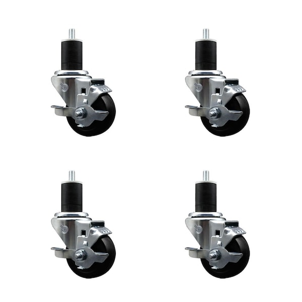 Service Caster 3'' SS Soft Rubber Swivel 1-3/4'' Expanding Stem Caster Set with Brake, 4PK SCC-SSEX20S314-SRS-TLB-134-4 - main
